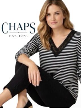3X CHAPS black and white striped cotton top with lace neckline detail